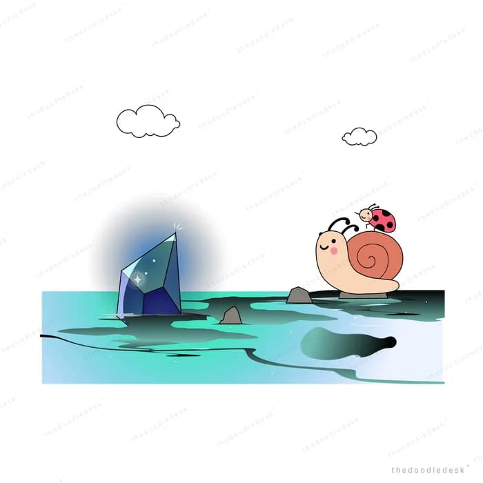 Snail beside a dark orb reflected on water