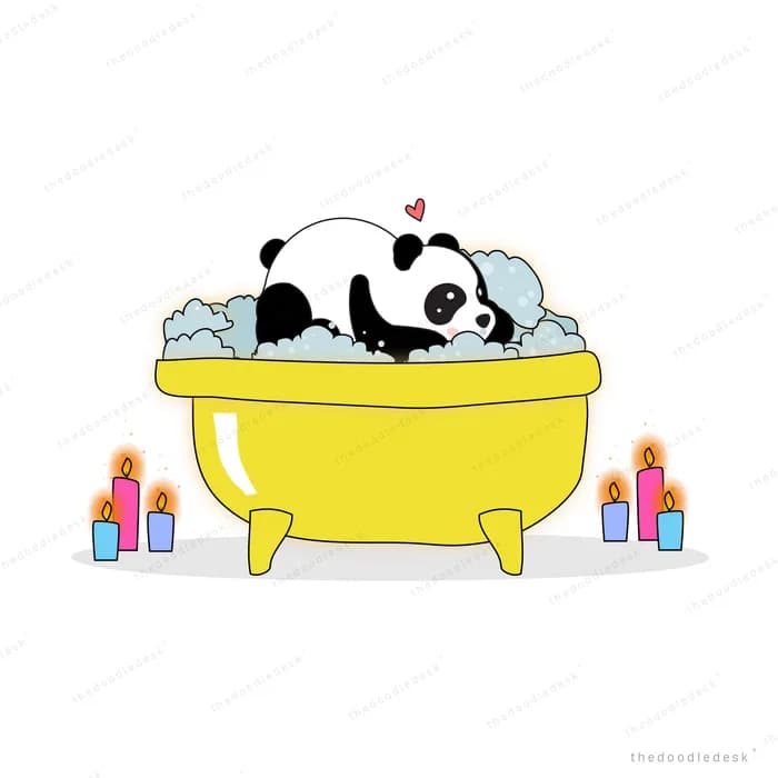 Panda bathing in a yellow tub of bubbles