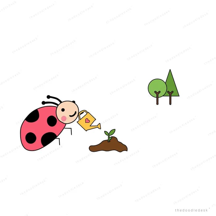 Large ladybug beside small trees and a mound