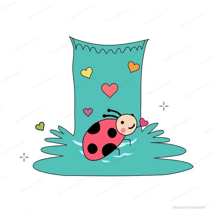 Ladybug beside a teal wellington boot in a puddle