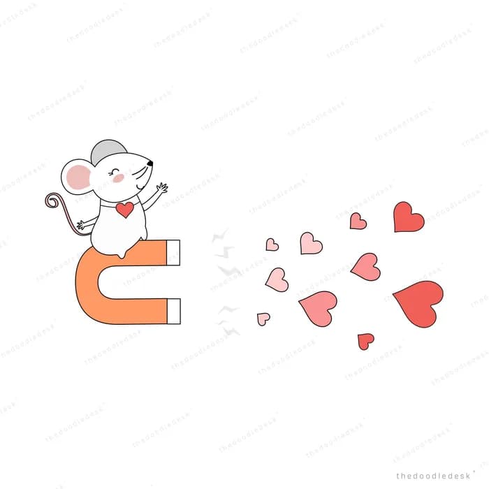 Mouse holding a magnet drawing in hearts