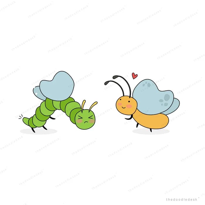 Caterpillar facing a small butterfly with hearts