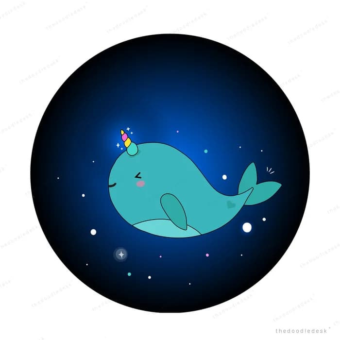 Whale swimming in a deep blue starry orb
