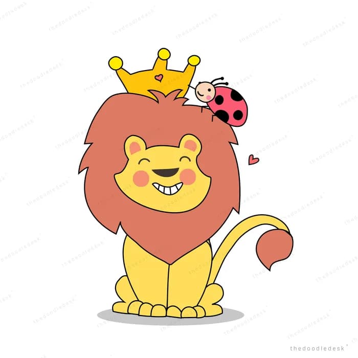 Crowned lion sitting upright with a ladybug