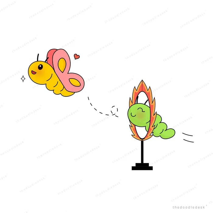 Butterfly flying away from a caterpillar on a twig