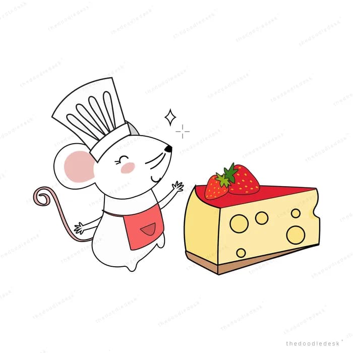 Chef mouse beside a block of cheese and strawberry