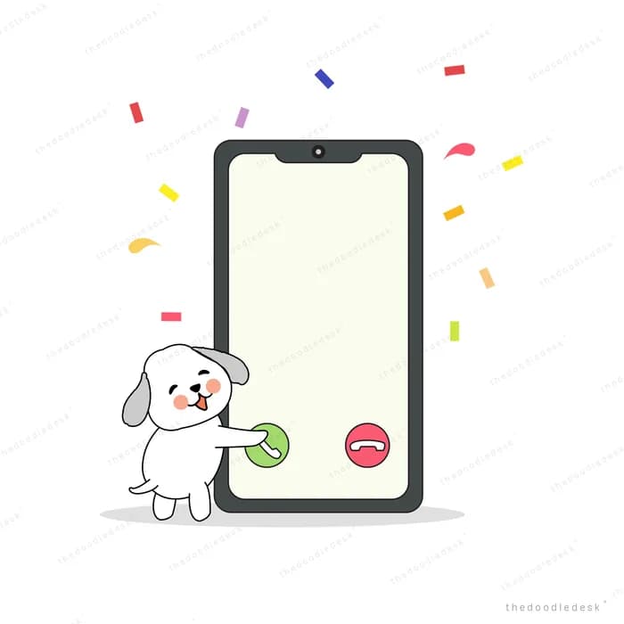 Dog answering a large smartphone with confetti