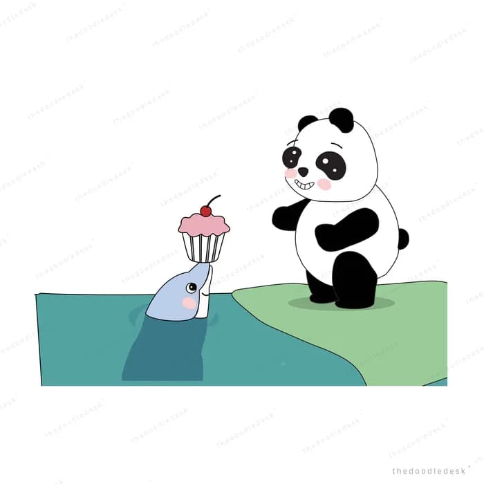 Panda approaching a cupcake on a teal shore