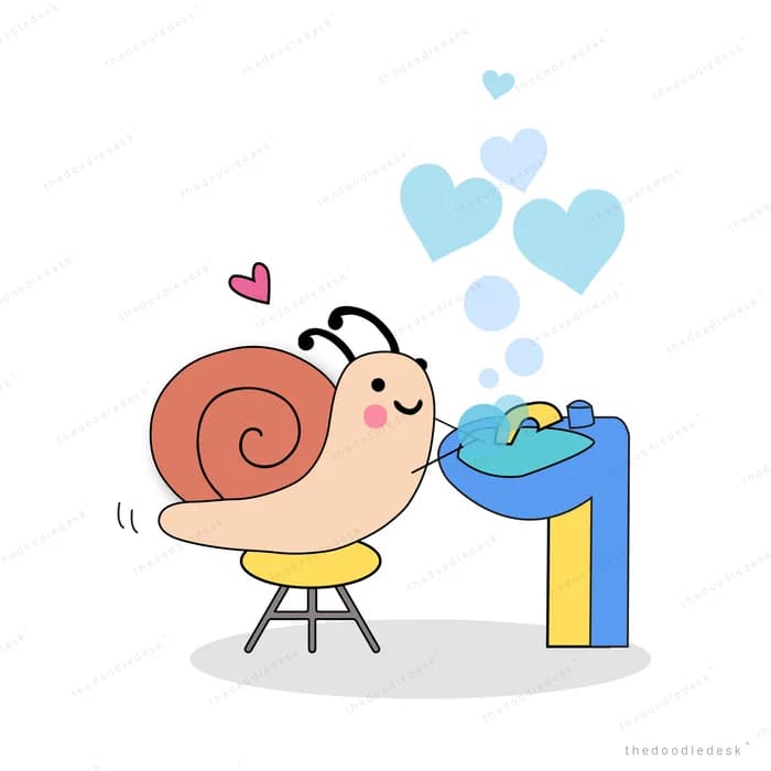 Snail on a stool blowing blue hearts