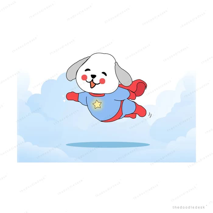 Dog in a superhero cape flying through clouds