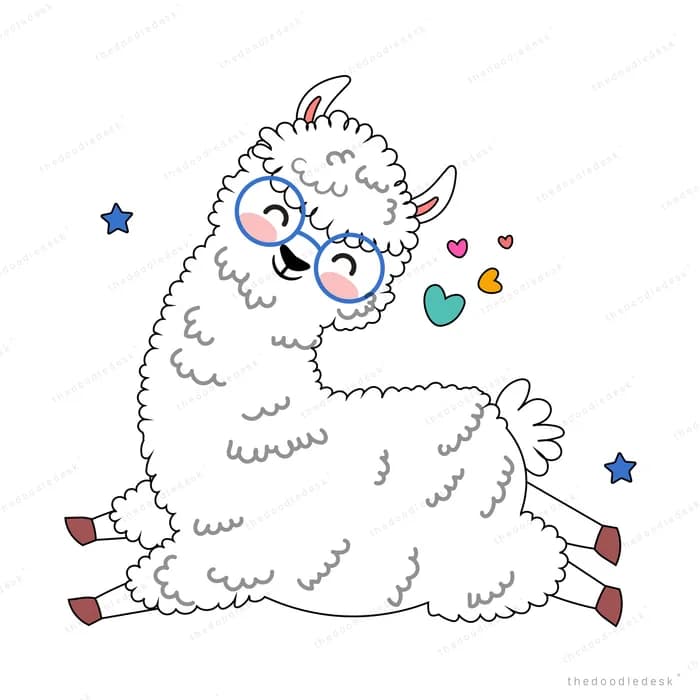 Fluffy llama in glasses sitting down