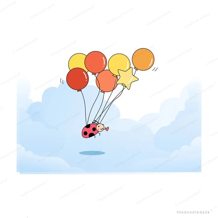 Ladybug lifted by a cluster of orange balloons