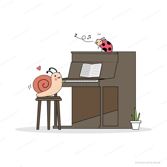 Snail playing an upright piano