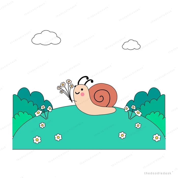 Snail crossing a flowering green meadow