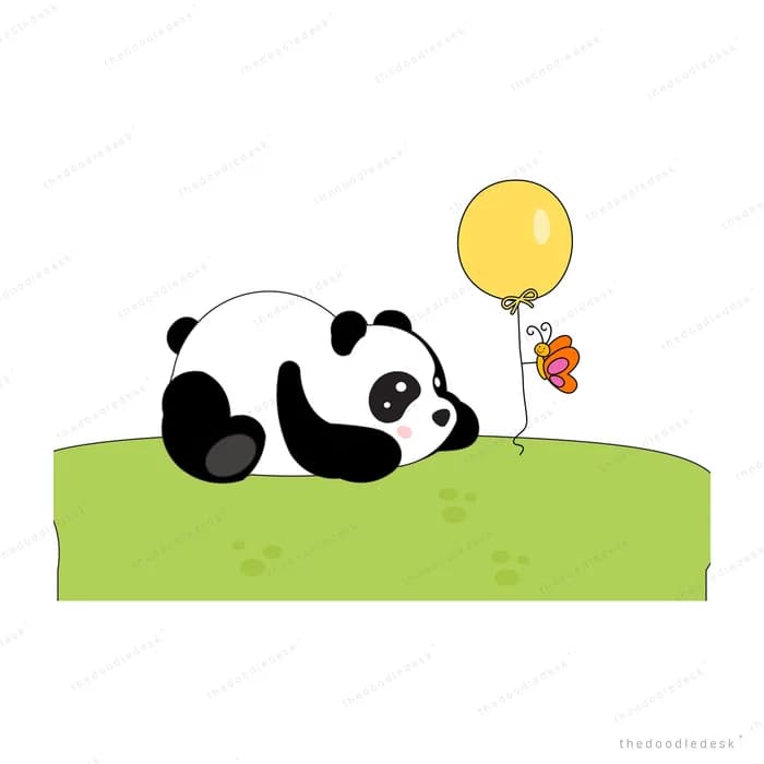 Panda lying on grass holding a yellow balloon