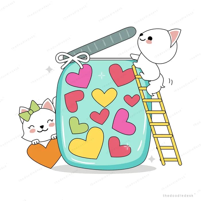 Mouse on a ladder filling a jar with hearts