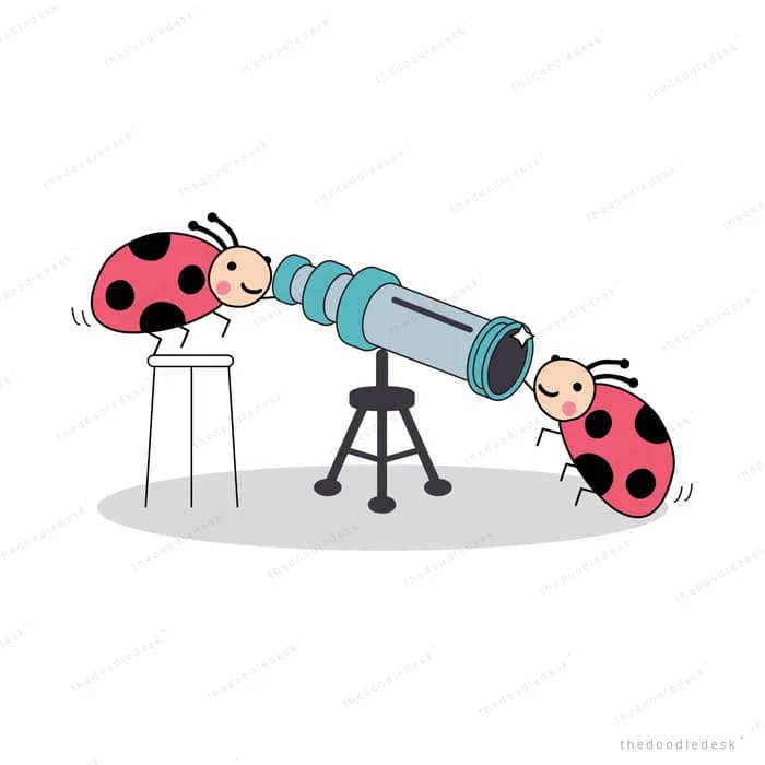 Ladybugs looking through a telescope on a tripod