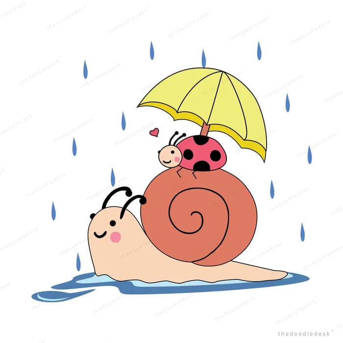 Snail sheltering under a yellow umbrella in rain