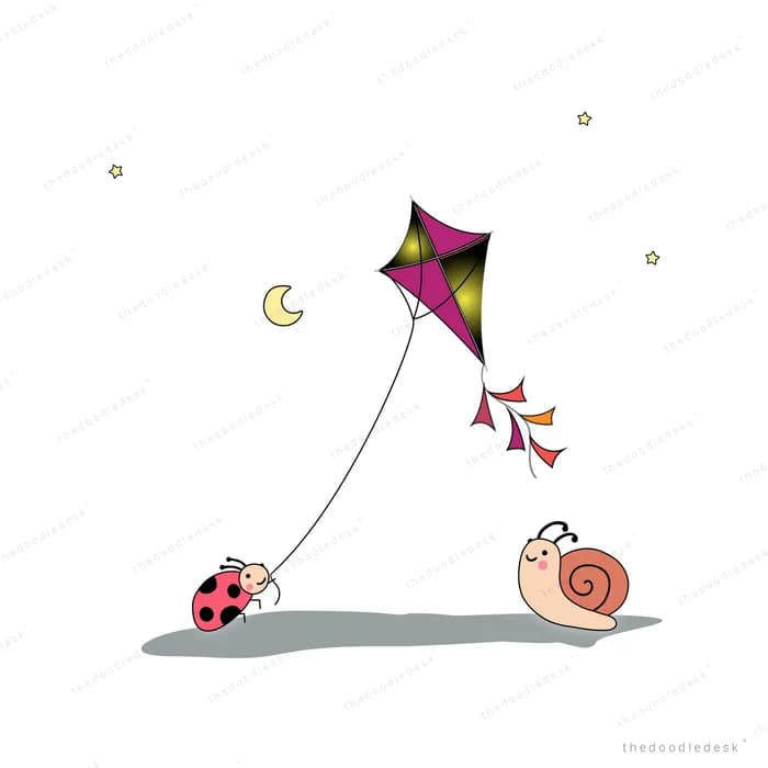 Snail flying a kite at night with a ladybug