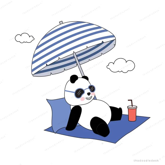 Panda relaxing under a striped beach umbrella