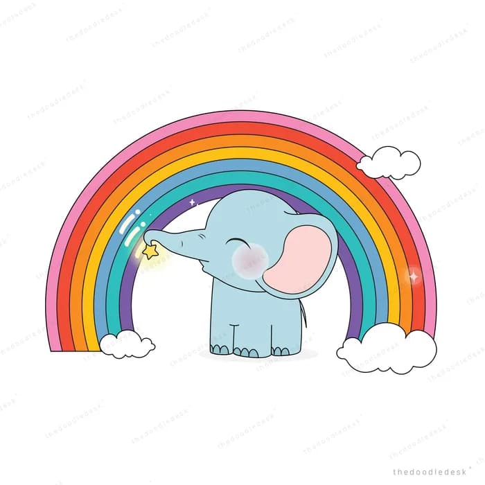 Elephant sitting beneath a rainbow arc
