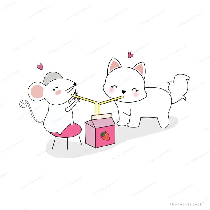 Mouse and cat sharing a juice carton with straws