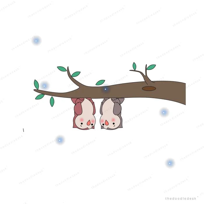 Two birds hanging upside down from a branch