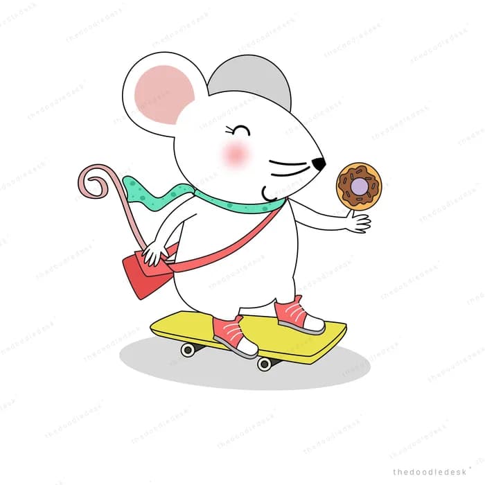 Mouse riding a skateboard holding a doughnut