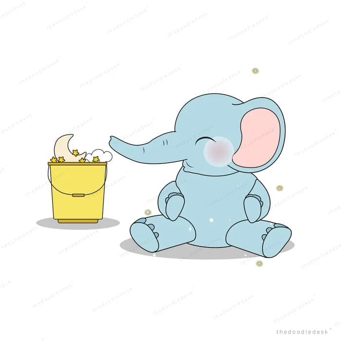 Elephant beside a yellow bucket with sparkles