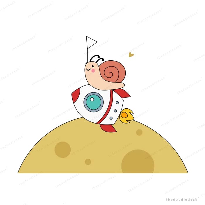 Snail in a party hat on a sandy mound