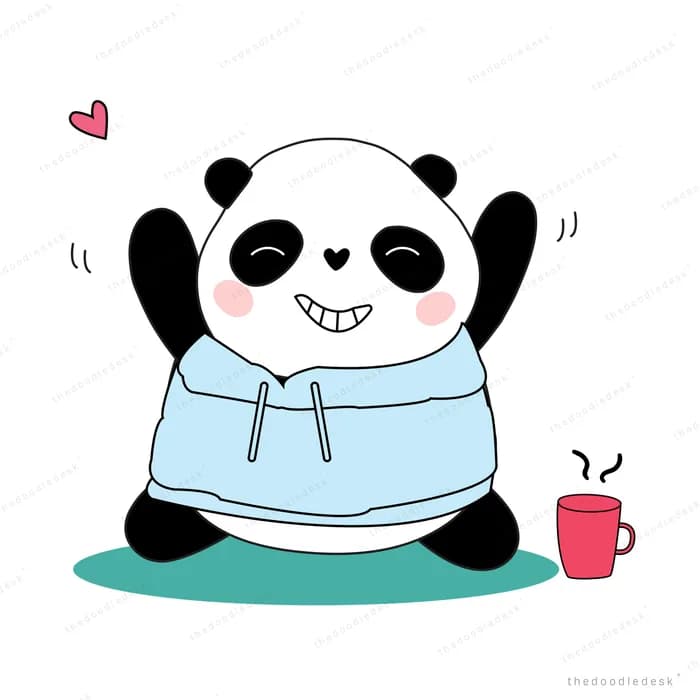 Panda in a blue robe sitting with a mug