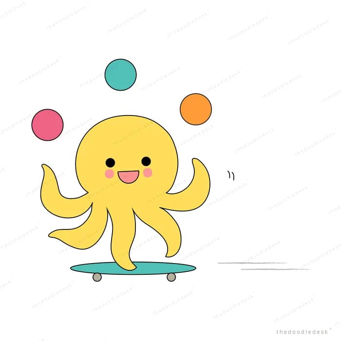 Octopus juggling coloured balls on a skateboard