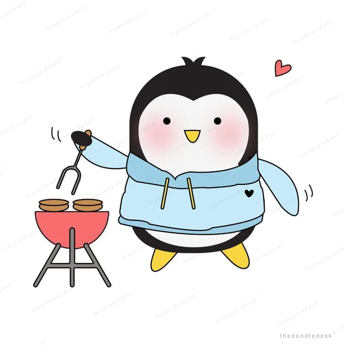 Penguin grilling on a small barbecue