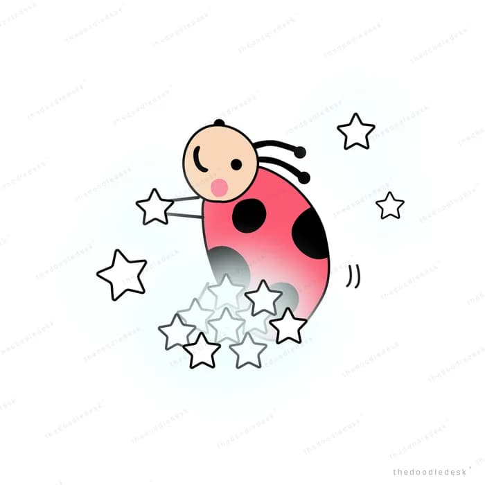 Ladybug flying among small stars