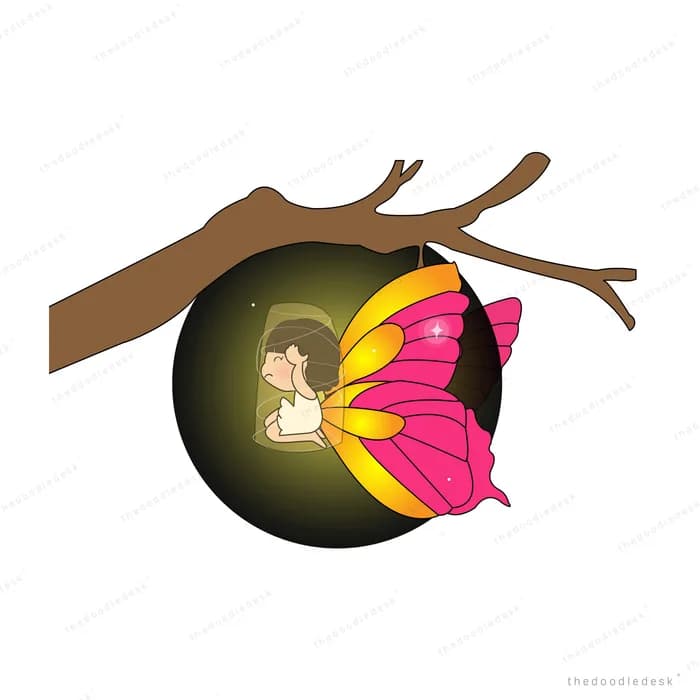 Butterfly emerging from a dark orb on a branch