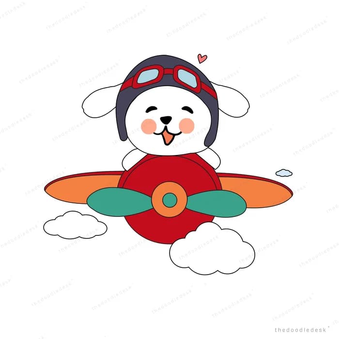 Dog in goggles piloting a red aeroplane