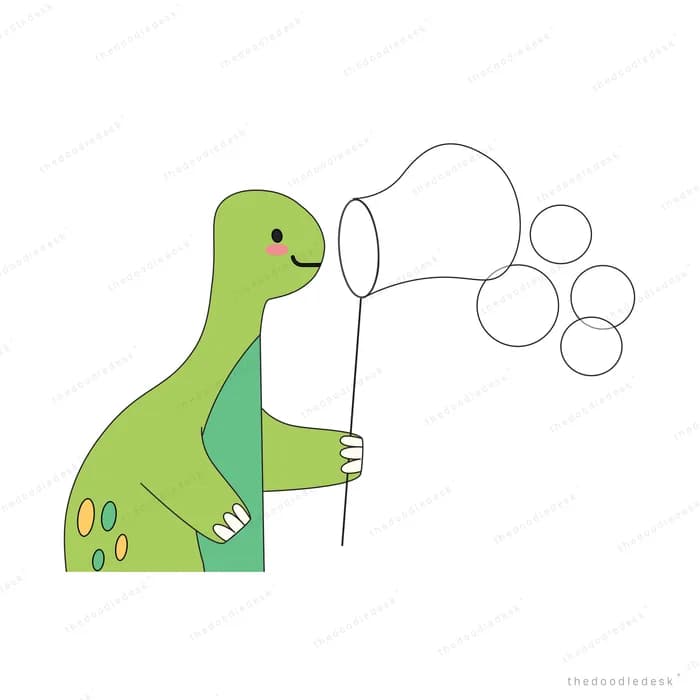 Green dinosaur holding a butterfly net at bubbles