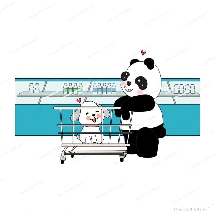 Panda pushing a trolley with a dog inside a shop