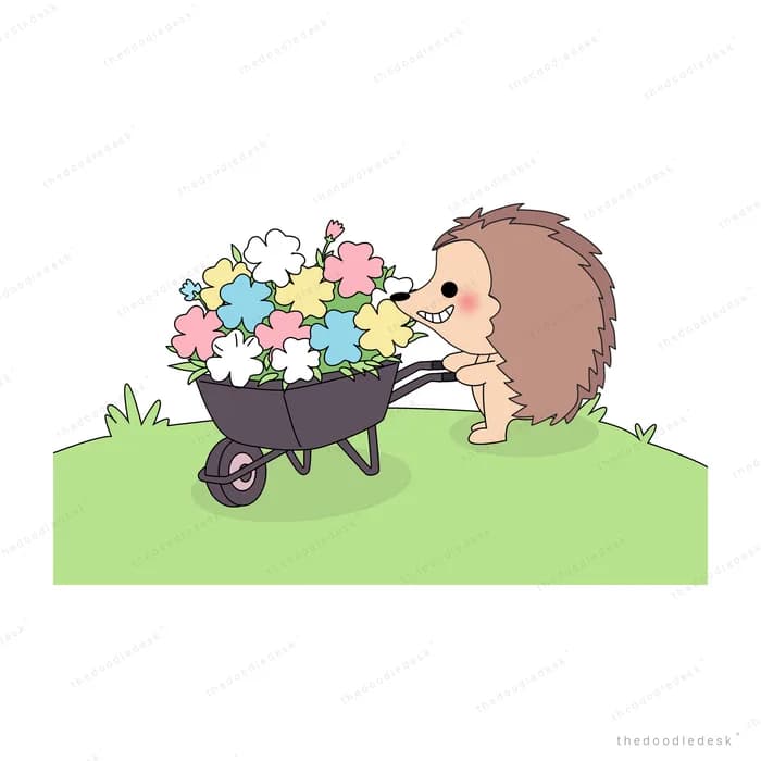 Hedgehog pushing a wheelbarrow of flowers