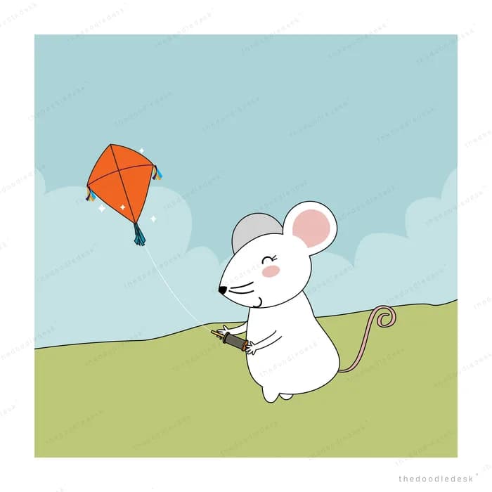 Mouse flying a kite in a green field