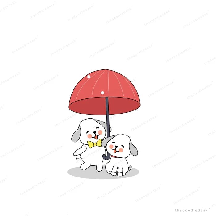 Two dogs sheltering under a red umbrella