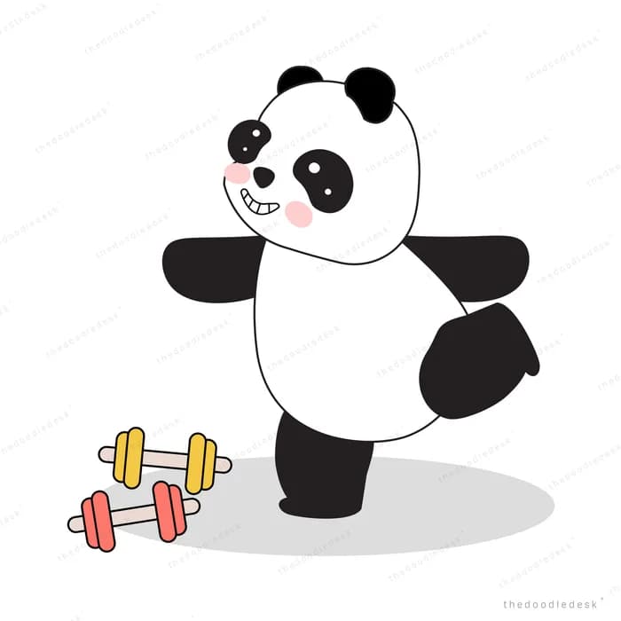 Panda exercising beside small dumbbells