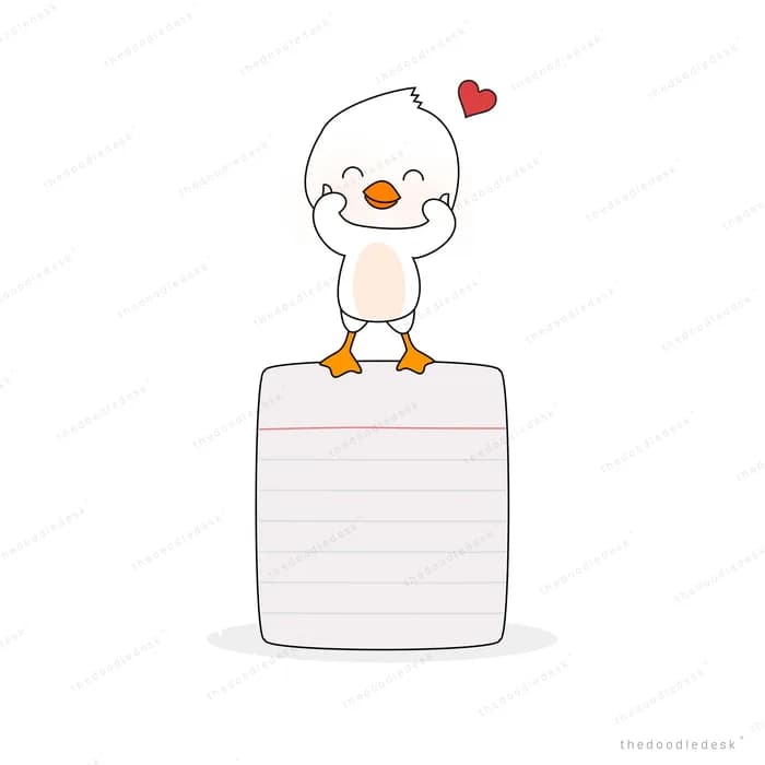 Duck standing on a blank white card with a heart