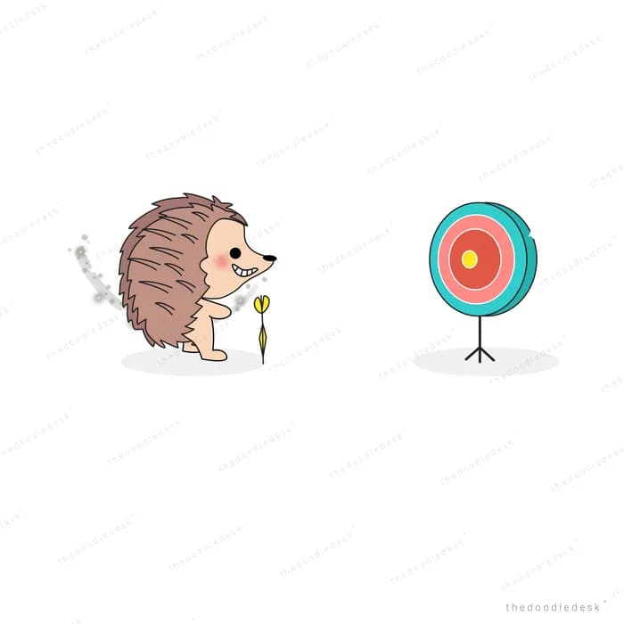 Hedgehog with a dart facing a target board