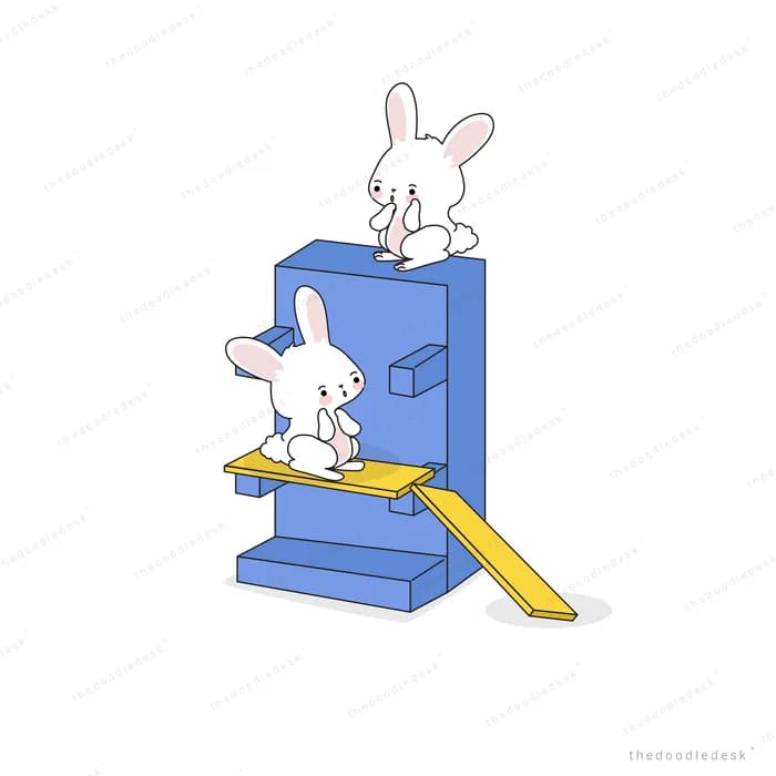 Rabbits on a blue slide and ramp