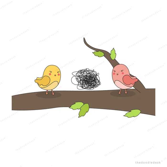 Two birds beside a nest on a leafy branch