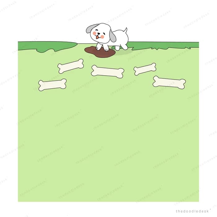 Small dog on a plain green field with bones