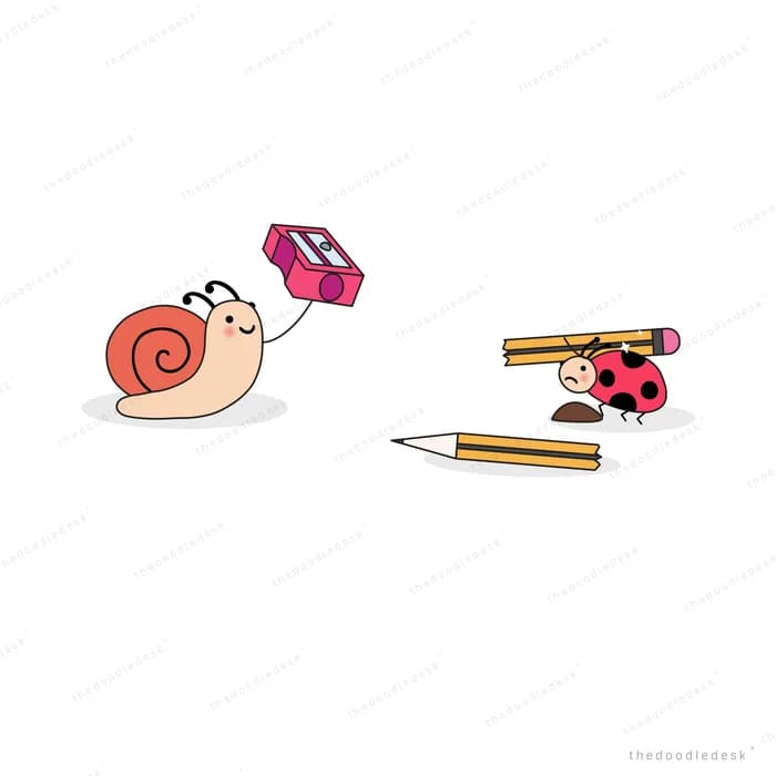 Snail and ladybug among makeup and pencils