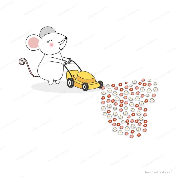 Mouse pushing a lawnmower scattering hearts
