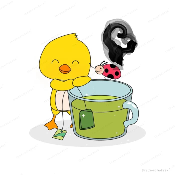 Chick beside a teal bucket and a dark plume